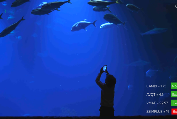 Lots of banding in an image of a child taking a photo of a a very blue aquarium
